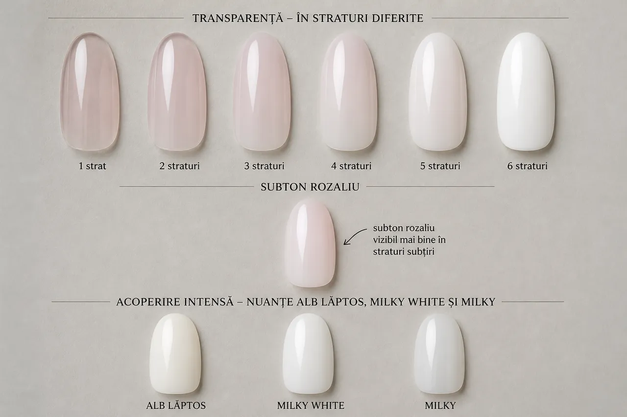 transparență subton și acoperire ojă semipermanentă milky